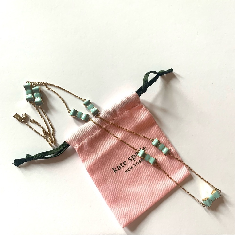 Kate Spade Take a Bow Hydrangea Blue and Gold Necklace 32 inches long